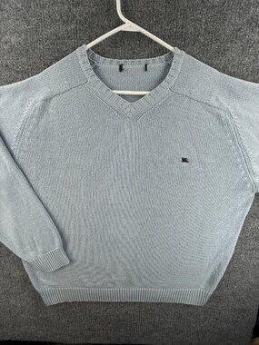 Burberry Logo Sweater V-Neck Pullover Cotton Acrylic 2XL Blue Long Sleeve Knit